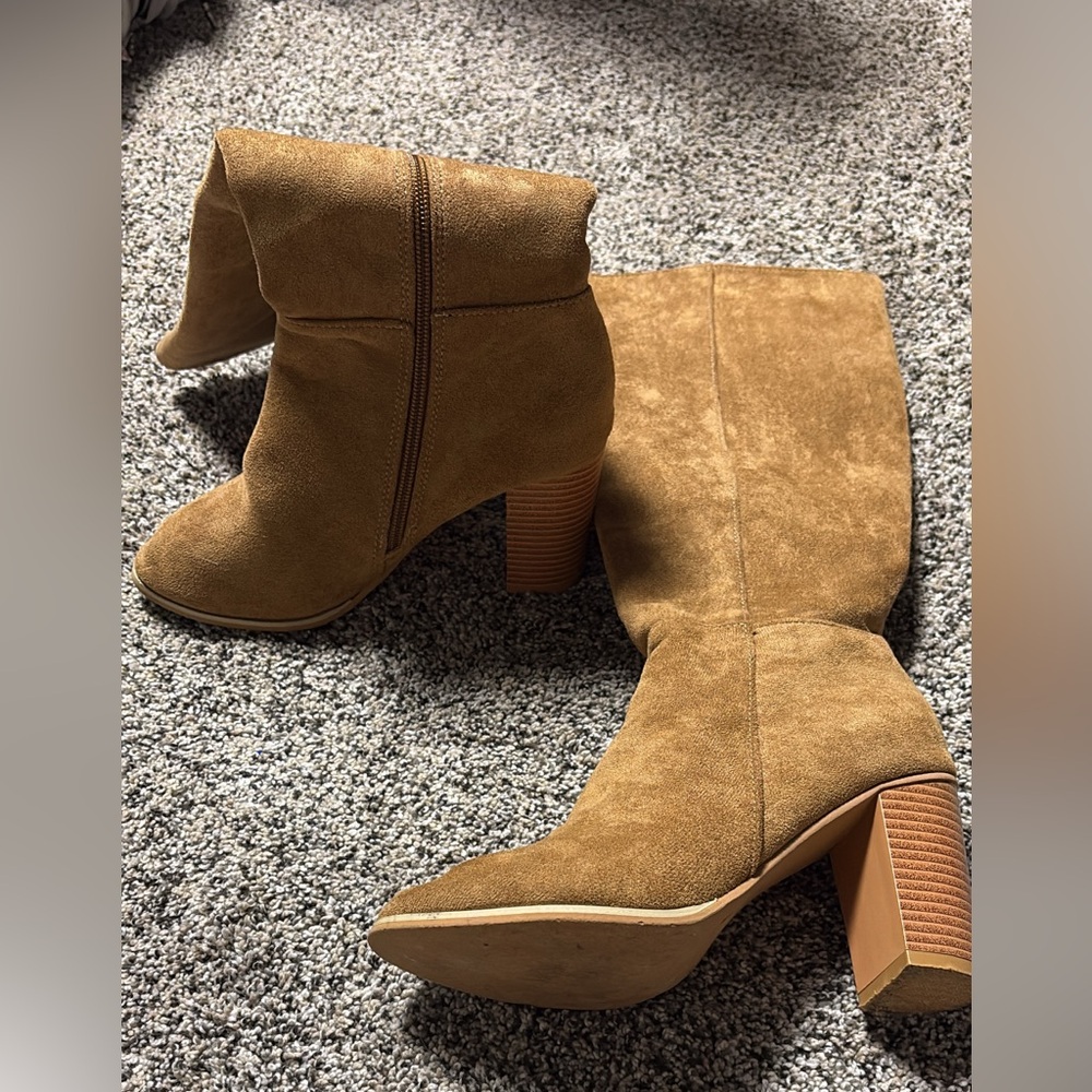 Tan Suede Block Heel Boots